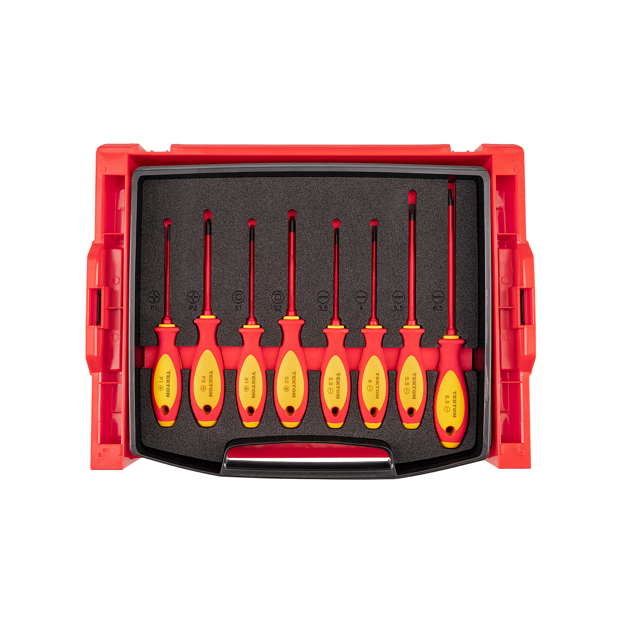 TEKTON Phillips, Slotted, Square Insulated Screwdriver Set with Open Top Drawer and Rack, 8-Piece (#1 - #2, 3.5 - 6.5 mm, #1 - #2) | DVZ90600